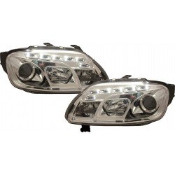 Set fari fanali proiettori anteriori TUNING per VW CADDY 2003-2006 e TOURAN 2003-2006, cromati con luce diurna DAYLINE DRL LED