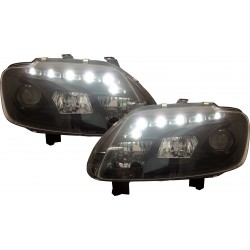 Set fari fanali proiettori anteriori TUNING per VW CADDY 2003-2006 e TOURAN 2003-2006, neri con luce diurna DAYLINE DRL LED