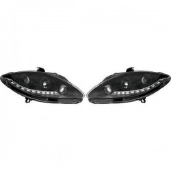 Set fari fanali proiettori anteriori SEAT LEON 06/2005-02/2009, ALTEA e TOLEDO 2004-02/2009 neri H1+H1 con luce diurna DRL LED