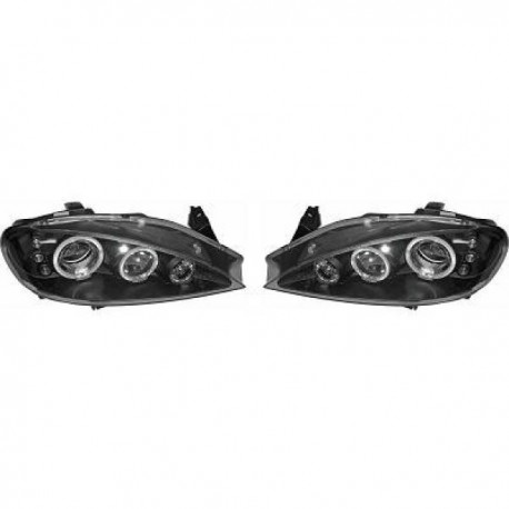 Set fari fanali proiettori anteriori TUNING per RENAULT MEGANE tutte, anni 03/1999 2000 2001 10/2002, neri con anelli ANGEL EYES
