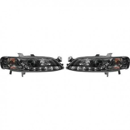 Set fari fanali proiettori anteriori TUNING OPEL VECTRA B 1999-2002 neri luce diurna LED DRL DAYLINE