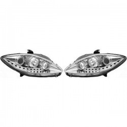 Set fari fanali proiettori anteriori SEAT LEON 06/2005-02/2009, ALTEA e TOLEDO 2004-02/2009 cromati H1+H1 con luce diurna DRL LED