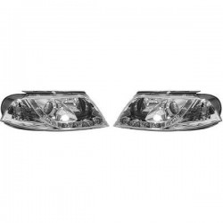 Set fari fanali proiettori anteriori TUNING VW PASSAT 3BG 2000-2005 cromati con luce DIURNA DRL DAYLINE LED disegno a L omologata R87