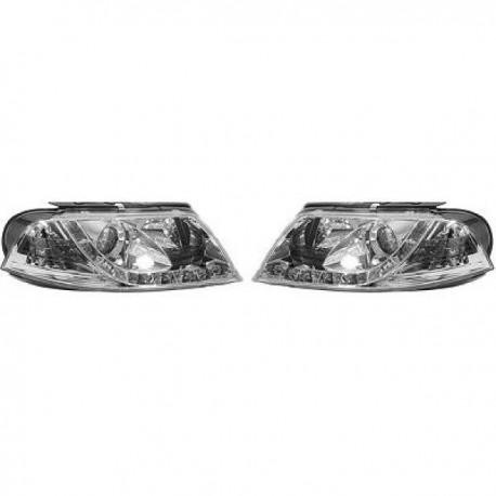 Set fari fanali proiettori anteriori TUNING VW PASSAT 3BG 2000-2005 cromati con luce DIURNA DRL DAYLINE LED disegno a L omologata R87