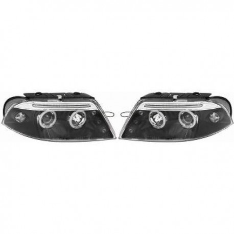 Set fari fanali proiettori anteriori TUNING VW PASSAT 3BG 2000-2005 neri con anelli ANGEL EYES e tre LED